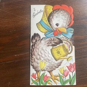 Vintage Greeting Card Anthropomorphic Hen Easter Embossed Gold  Envelopes